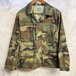 Vintage US Navy Seabees Military Camouflage Jacket Woodland Combat Mens Small